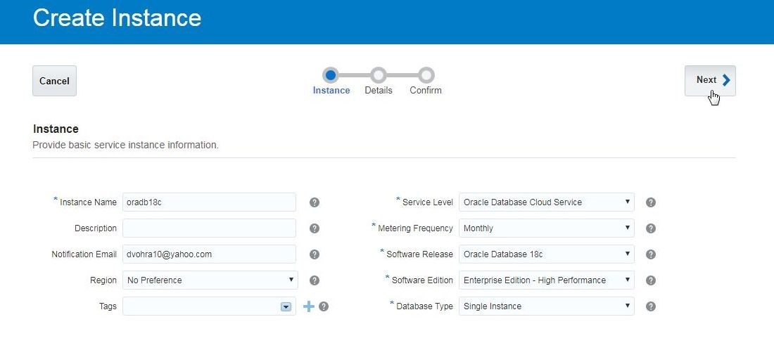 Click on Next after selecting the Instance configuration.