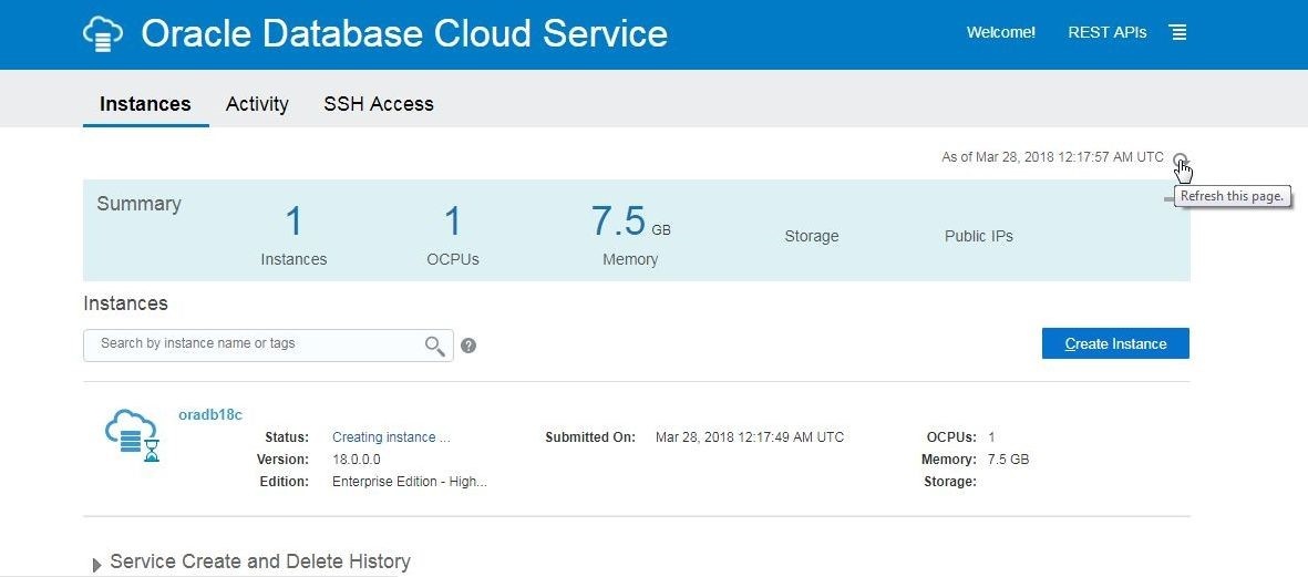 The Database instance oradb18c starts to get created, as shown in Figure 24. Click on Refresh this page periodically to refresh the instance status.