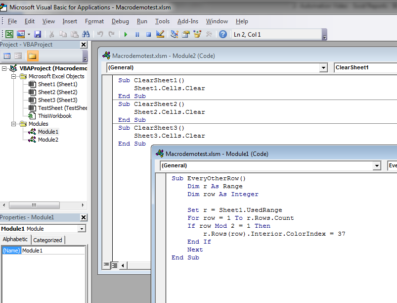 Sample of clearing several worksheets and coloring every other row of data