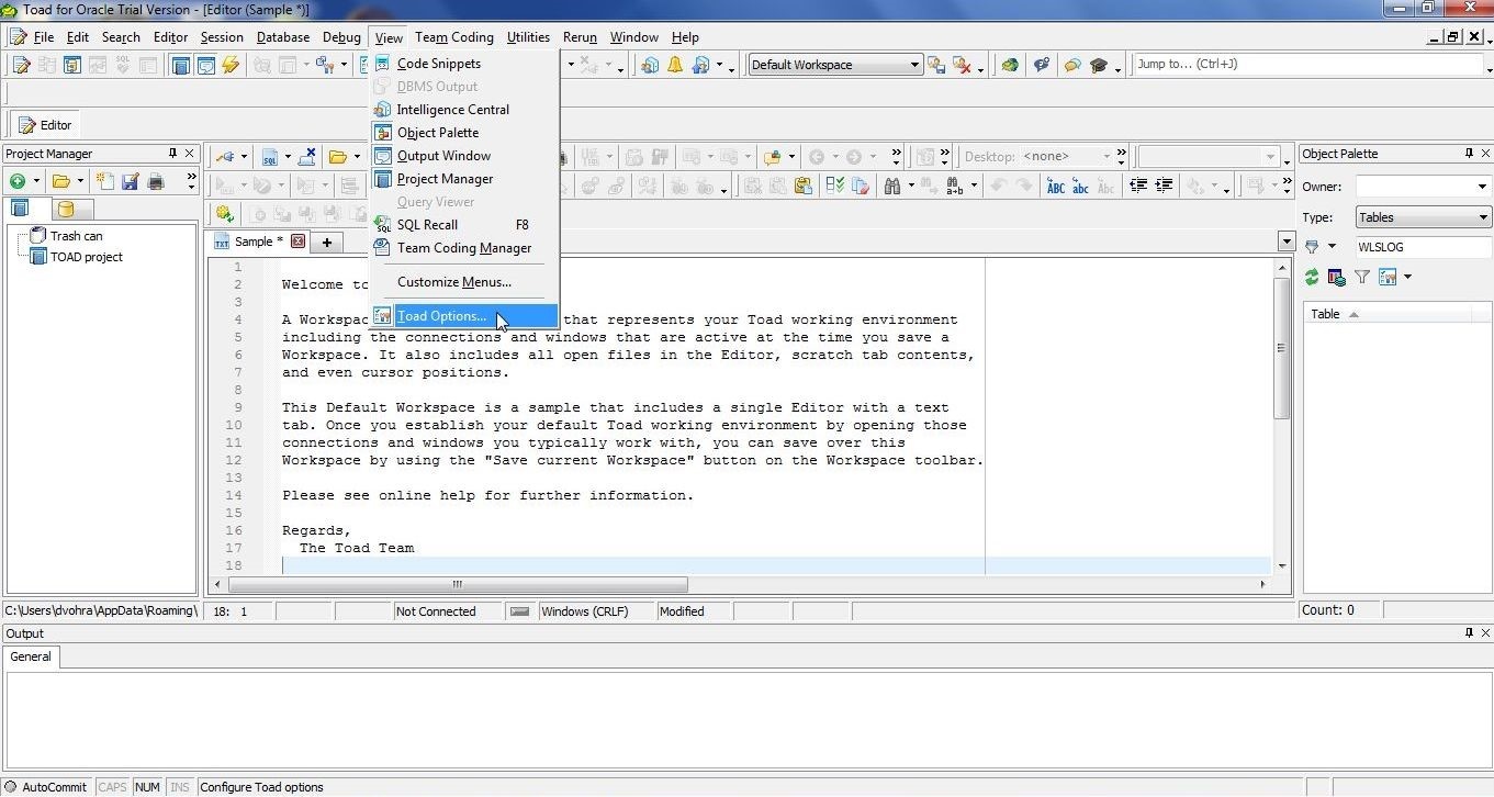 Select View>Toad Options as shown in Figure 2 to set some options.