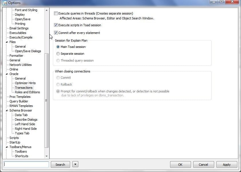 Select Oracle>Transactions and click in the checkbox Commit after every statement as shown in Figure 3.