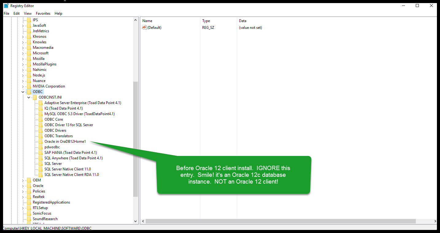 Before Oracle 12 client install. IGNORE this entry (Oracle in OraBD12Home1). It's an Oracle 12c database instance. NOT an Oracle 12 client!