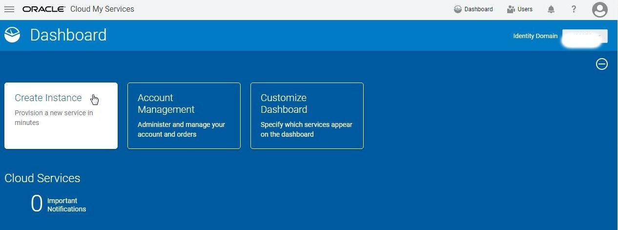 Click on Create Instance in the Oracle Cloud Platform Dashboard as shown in Figure 9.