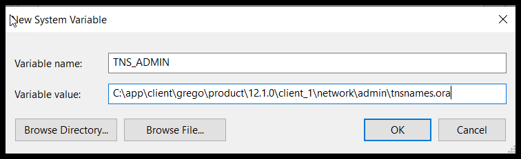 Enter the Variable Name as TNS_ADMIN.  Enter the path to the tnsnames.ora file as                C:appclientgregoproduct.1.0client_1networkadmintnsnames.ora.  Click OK.