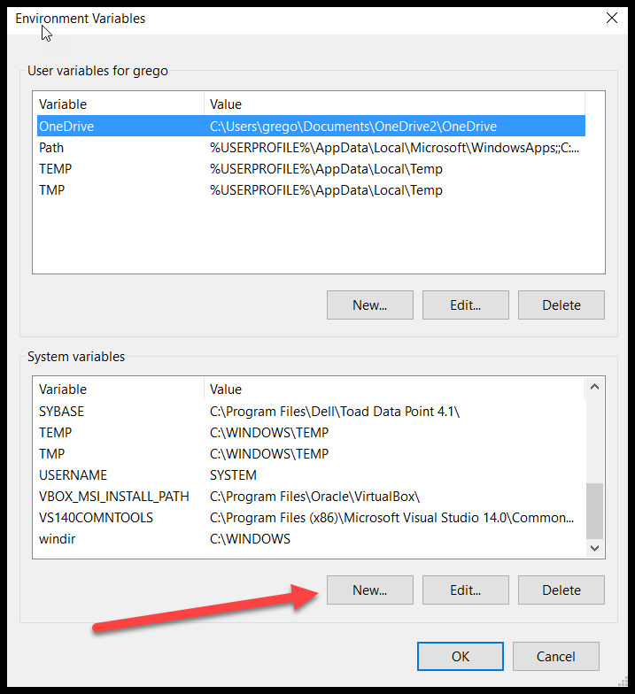 Click ‘New’ in the ‘System variables’ box as shown above by red arrow. 