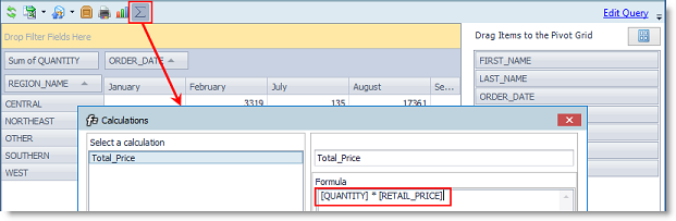 Click the calculations symbol in the Pivot Grid toolbar.