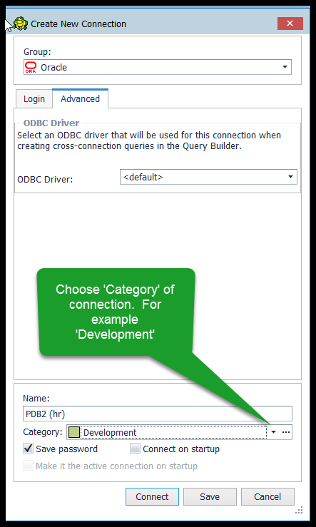 There is no requirement to specify a ‘Category’ of the connection. It is perfectly fine to ‘Click Connect’ from either the ‘Advanced’ or ‘Login’ tab.  Click on the ‘Category’ dropdown and choose appropriate environment.  ‘Development’ – my preference.