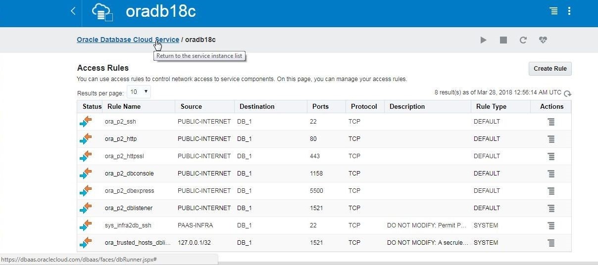 Enable the other access rules and click on the link to return to the service instance list as shown.