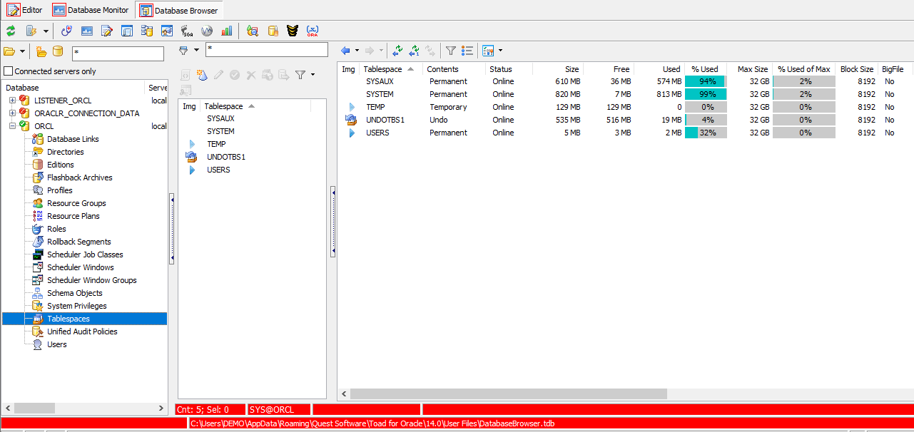 Toad for Oracle Database Browser Tablespace options