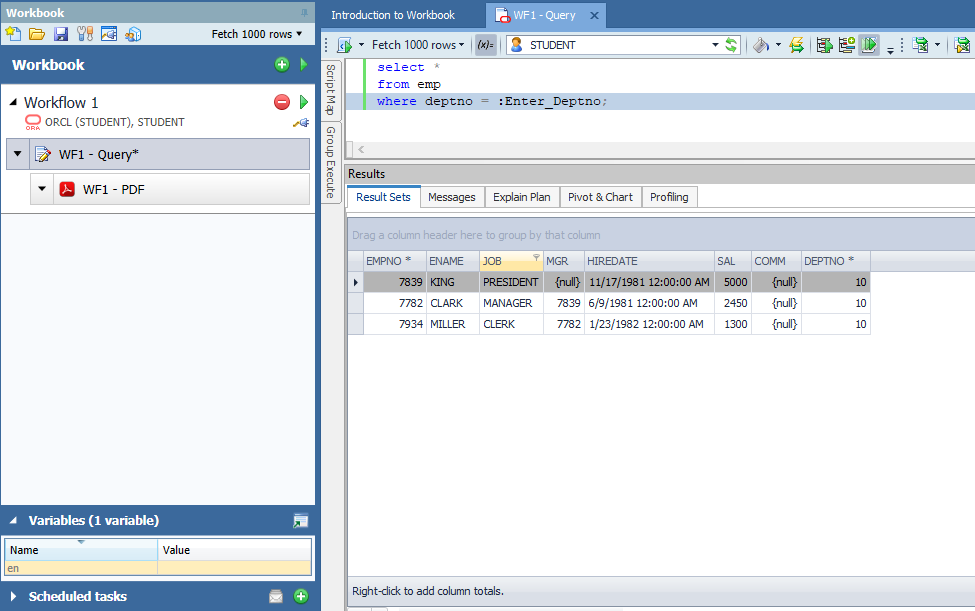 Workbook SQL with a substitution variable