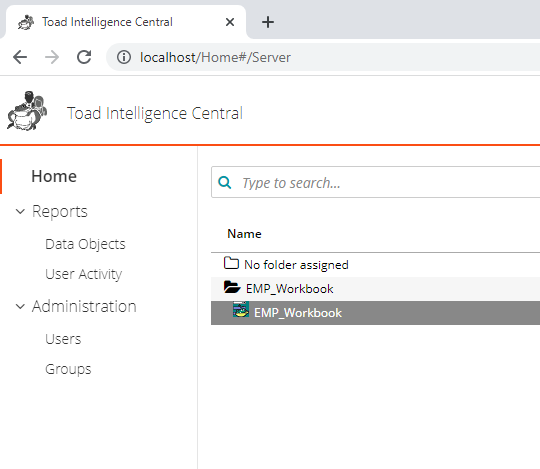 Toad Intelligence Central web interface after publishing a Workbook