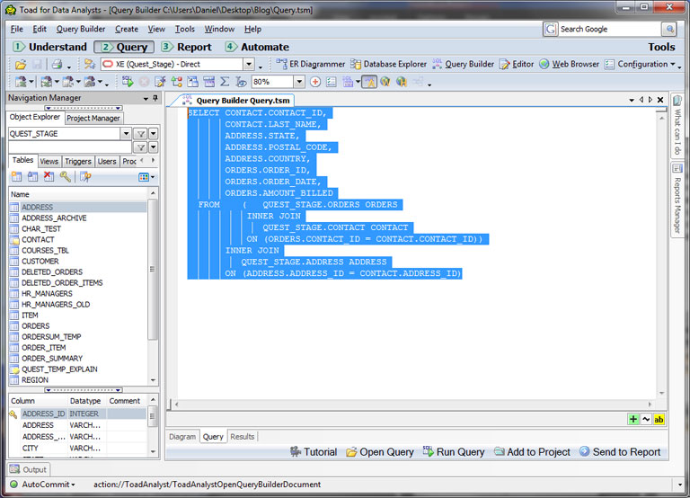 SQL Pasted from Query Builder - View in Query Tab