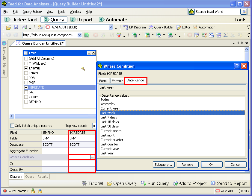 Query Builder Date Range Tab