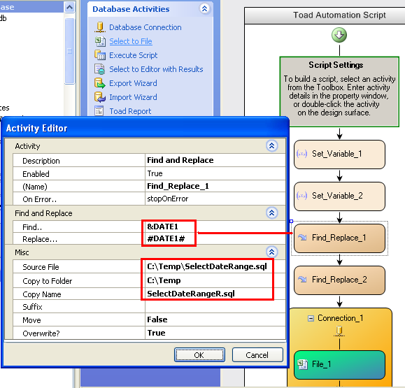 Add Two Find and Replace Actions: Replace '&DATE1' with '#DATE1#' and copy the file for use in the second action.