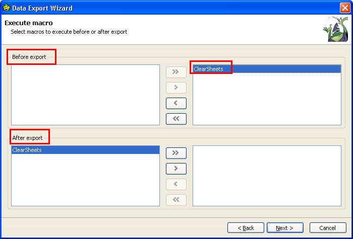 Select Macros for Export: The wizard lists available macros; choose to run them before or after export.