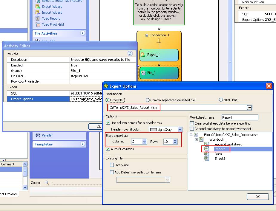 Second Activity: Use 'Select to File' to export SQL results to the specified cell and sheet in the same file.