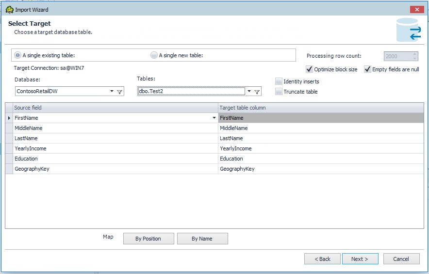 You can choose a target database, select an existing table and map the fields to the table.