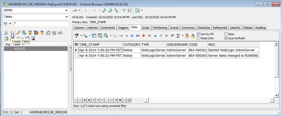 Figure 28. Schema Browser>Create Table