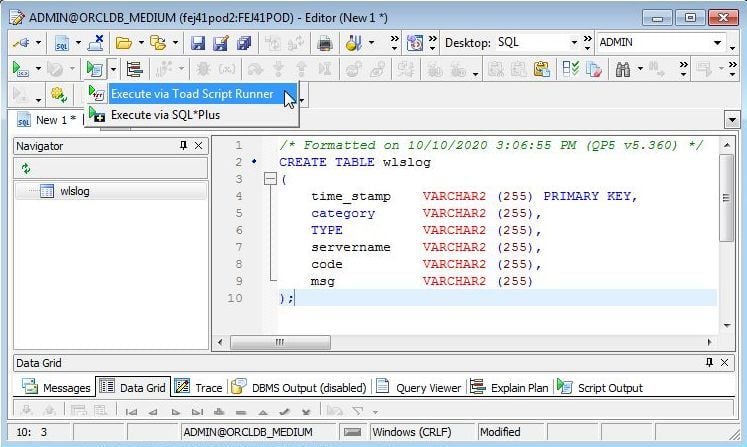 Figure 3. Execute via Toad Script Runner