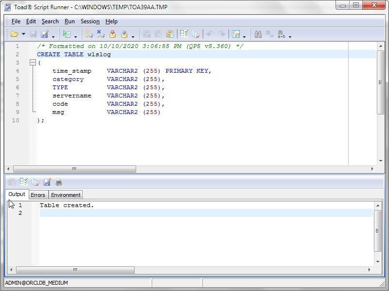 Figure 4. Output>Table created