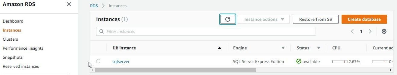 Figure 1. SQL Server Express Edition RDS Instance