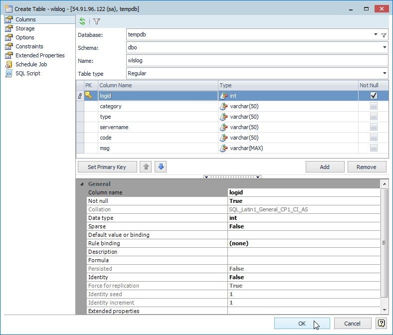 Figure 10. Clicking on OK to create the table