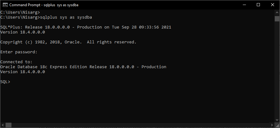 Command line view for connecting to the Oracle 18c Express database