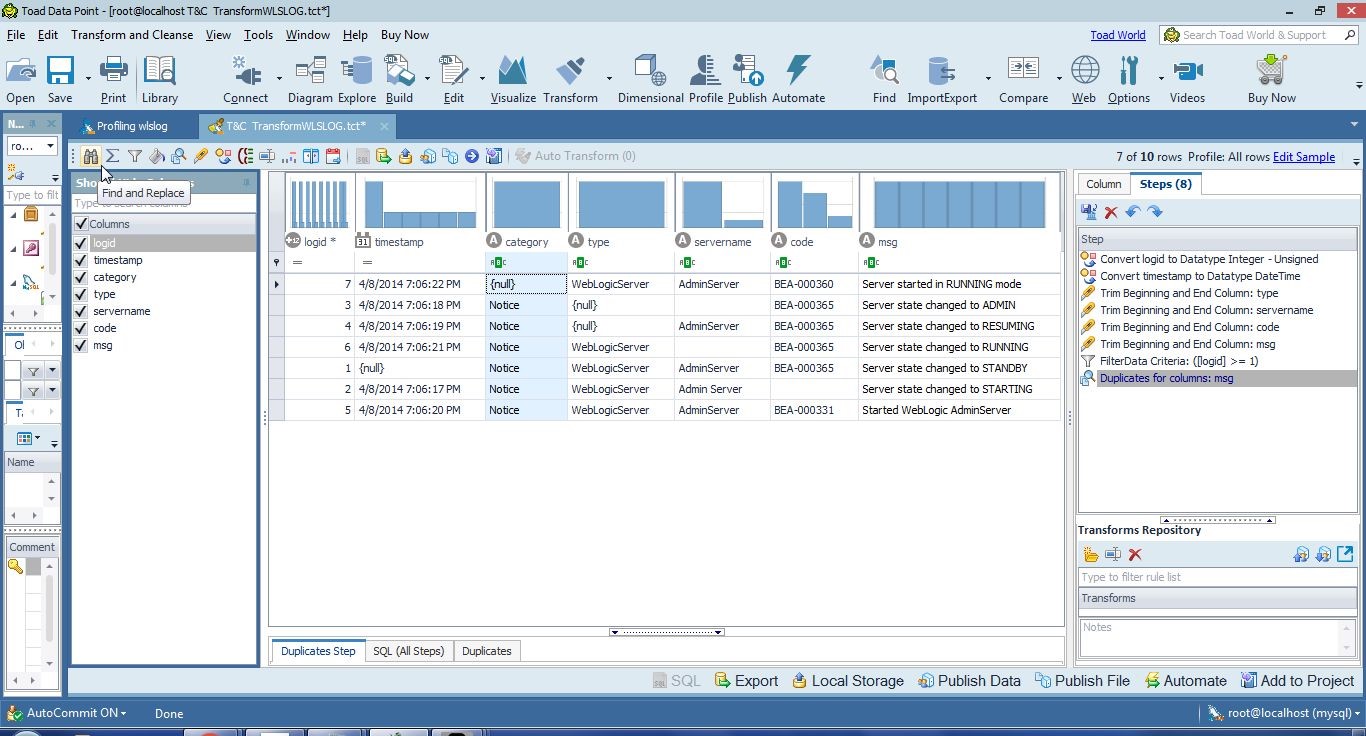 Figure 10. Selecting Find and Replace from the toolbar