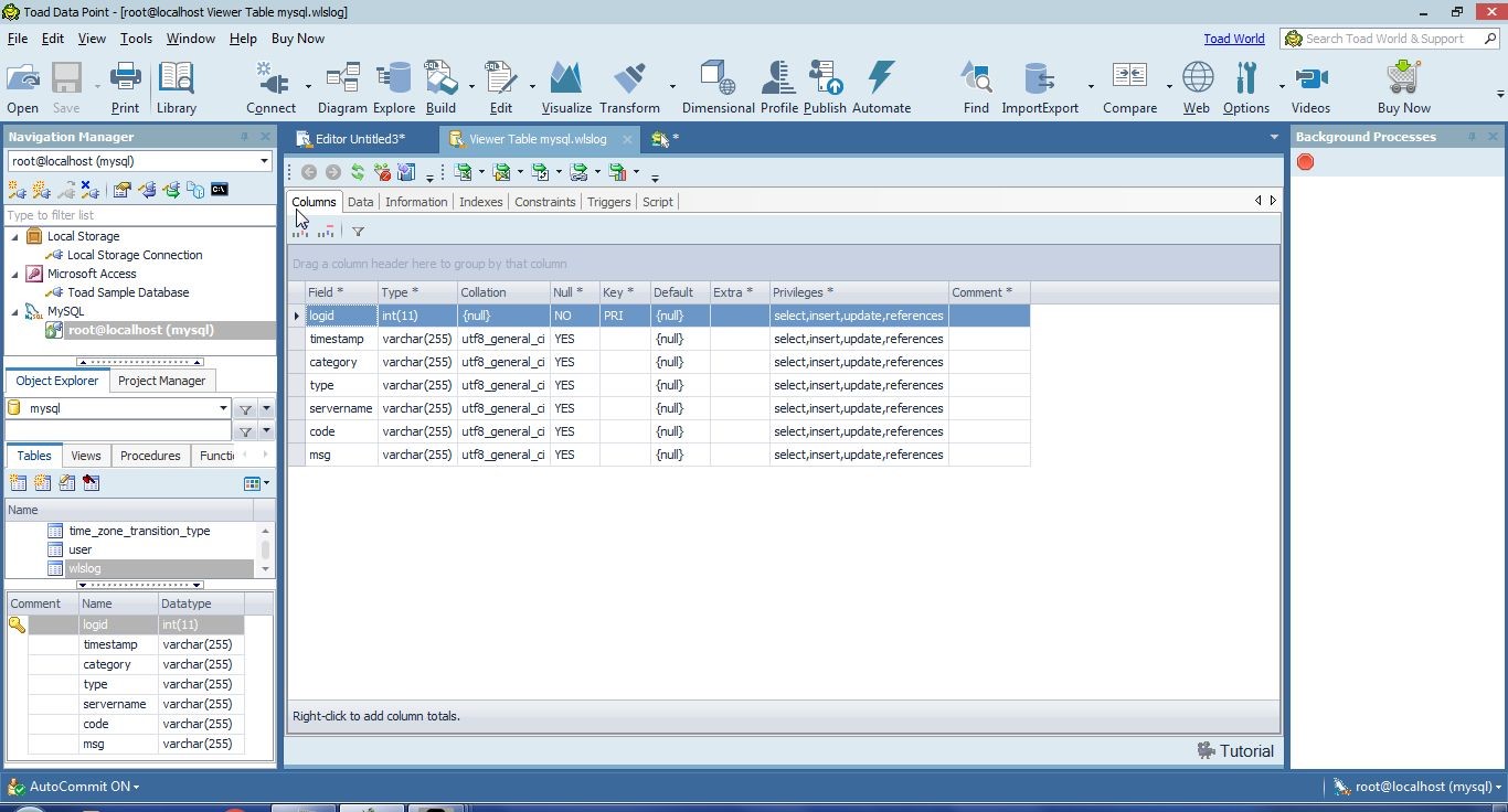 Figure 10. Viewer for wlslog Table