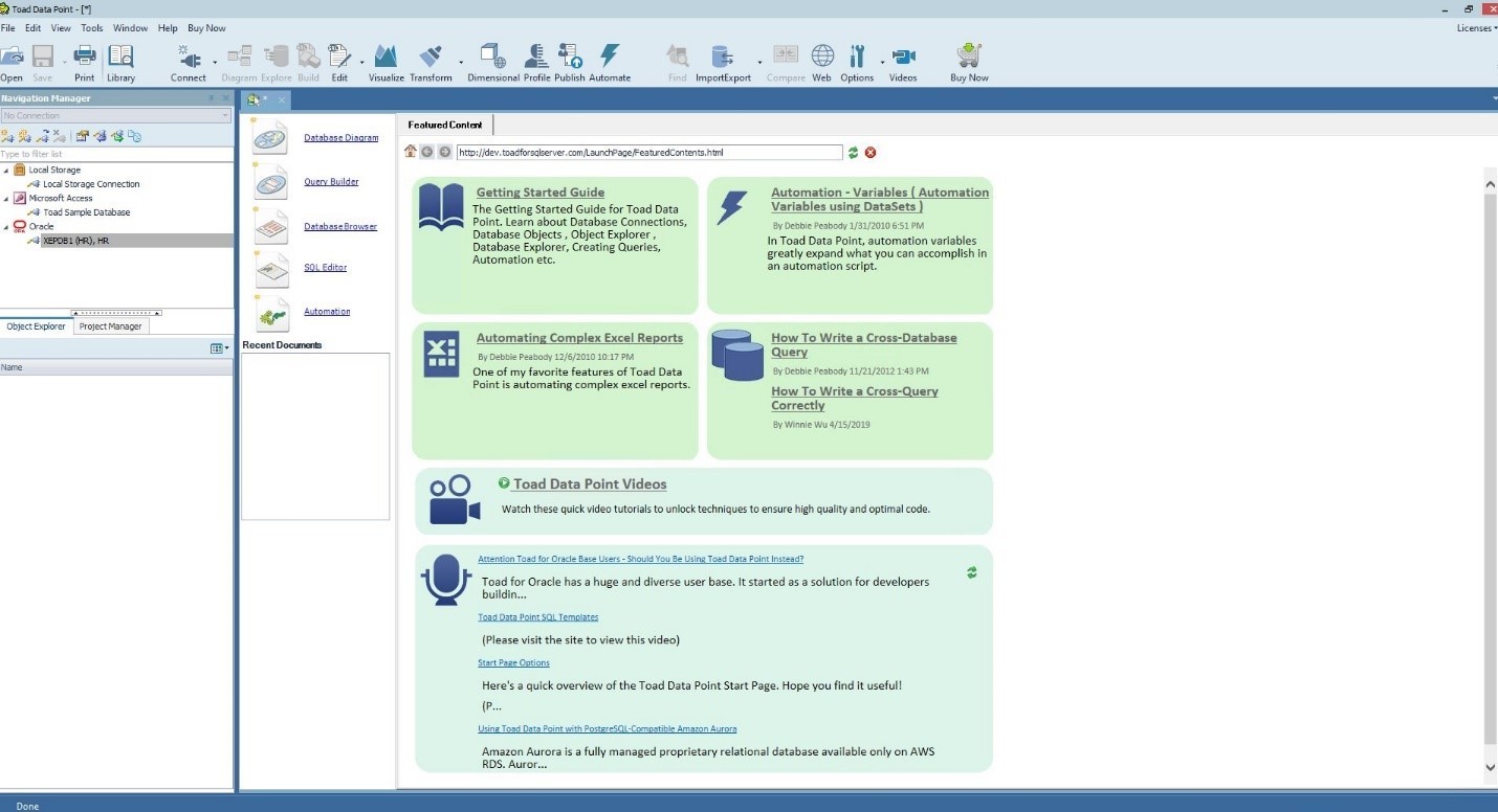 Toad Data Point Workbook interface