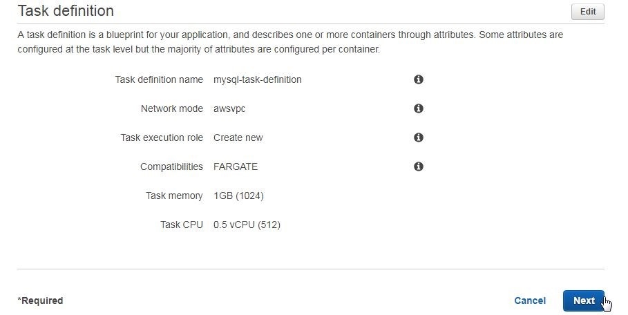 Figure 11. Completing Container and Task Definitions with Next