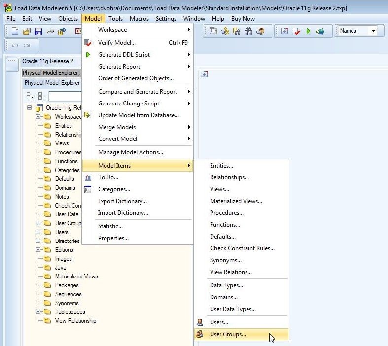 Figure 11. Selecting Model Items and the User Groups from the toolbar