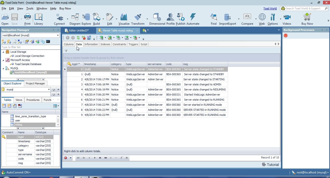 Figure 11. The data display tab shows the data to be prepared.