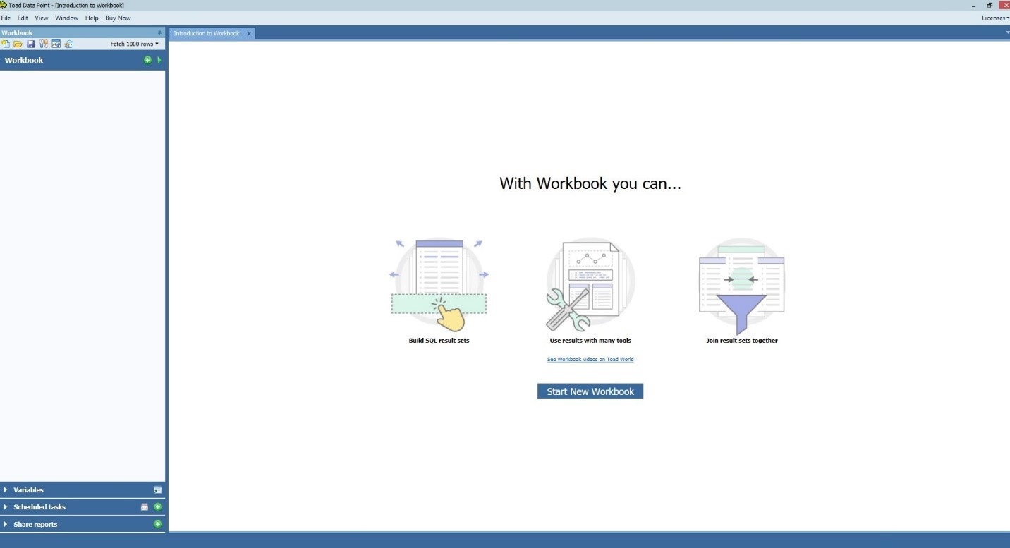 Start Page in Toad Data Point Workbook