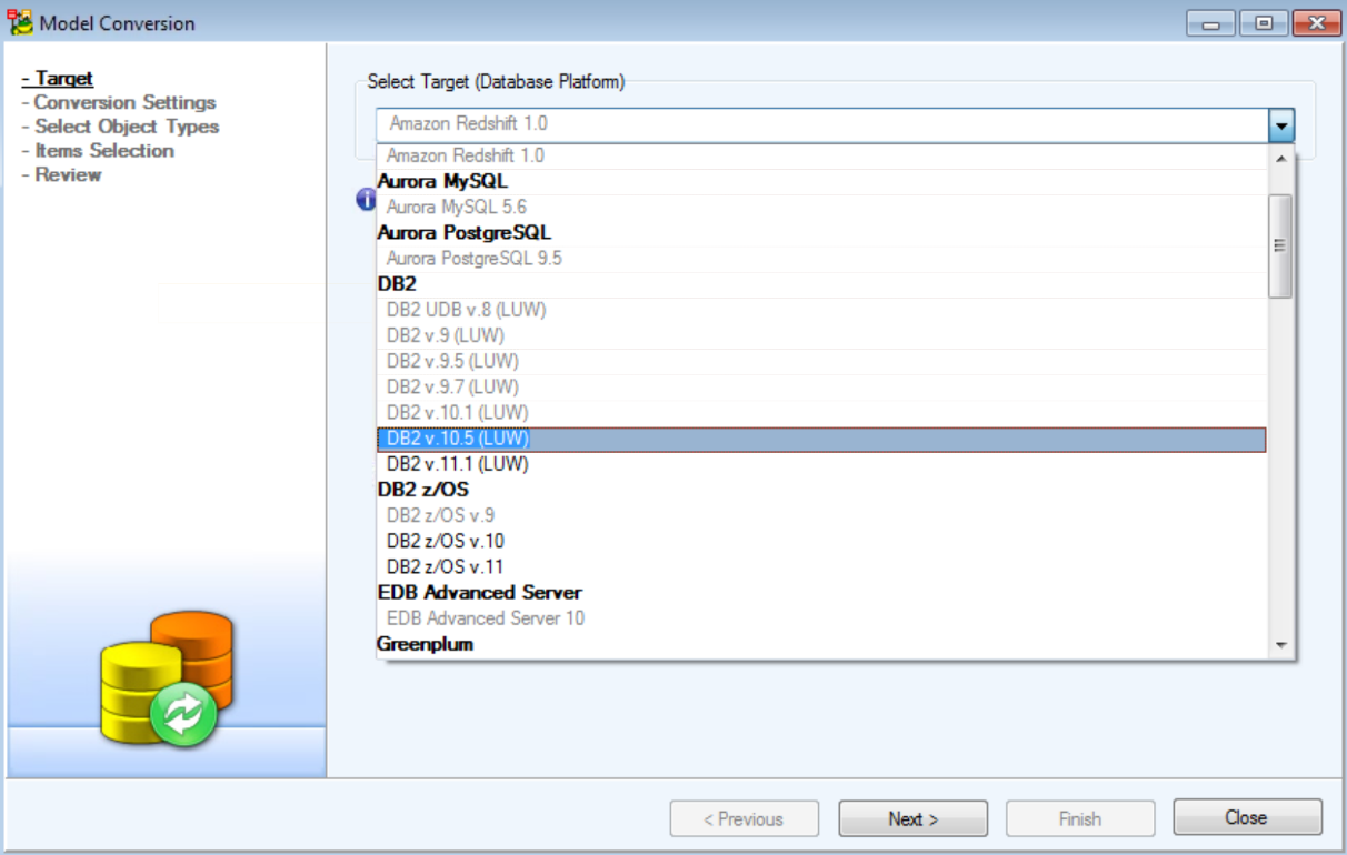 Figure 12.  Choosing to convert the model to LUW v10.5, same as my comparison target database.