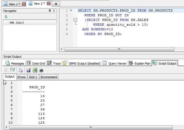 Figure 12. Antijoin example – Using Toad to Query Multiple Tables