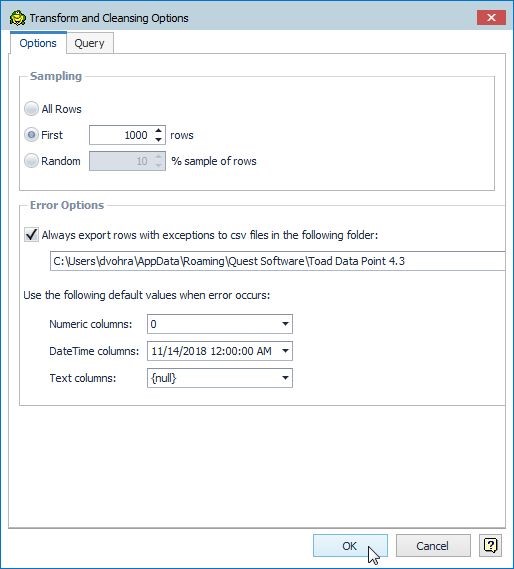 Figure 13. Clicking on OK after specifying the Transform and Cleansing Options