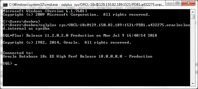 Figure 13. Connecting to Oracle Database 18c with SQL Plus