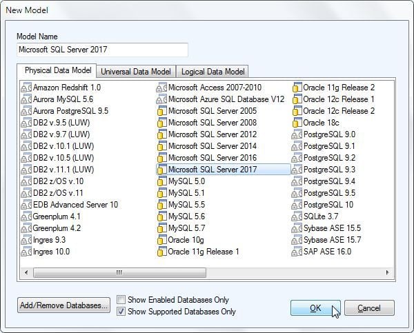 Figure 13. Selecting SQL Server 2017 as Physical Data Model