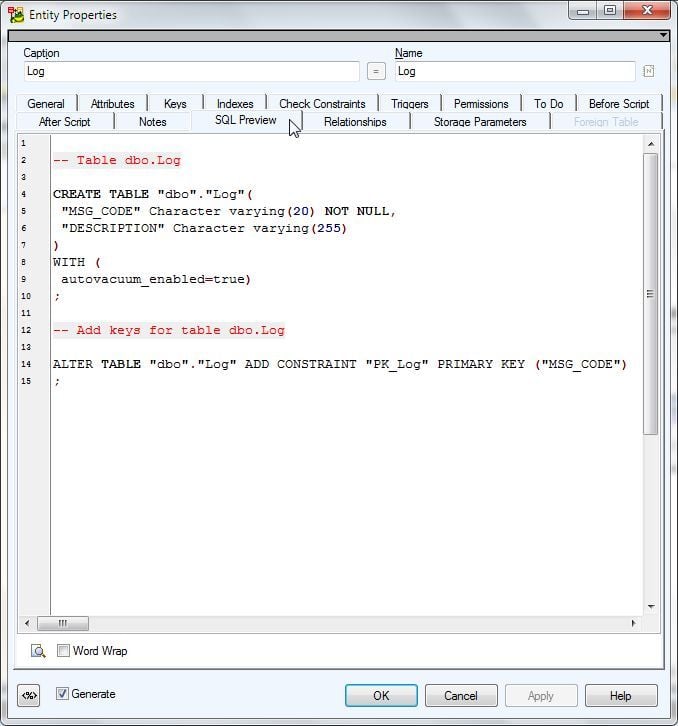 Figure 14. Log>Entity Properties>SQL Preview