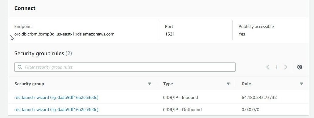 Figure 14. Summary for the DB instance, Connect section