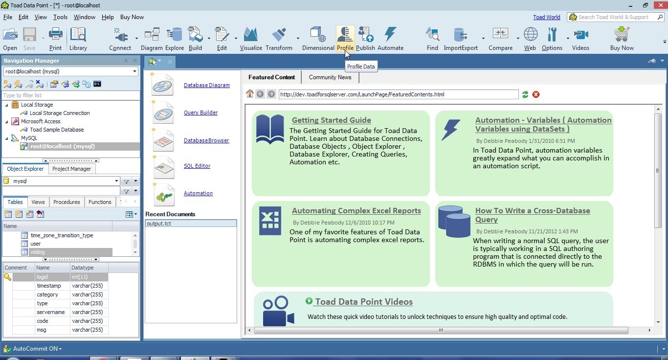 Figure 15. Click on Profile Data in the toolbar to profile the data added to MySQL database.