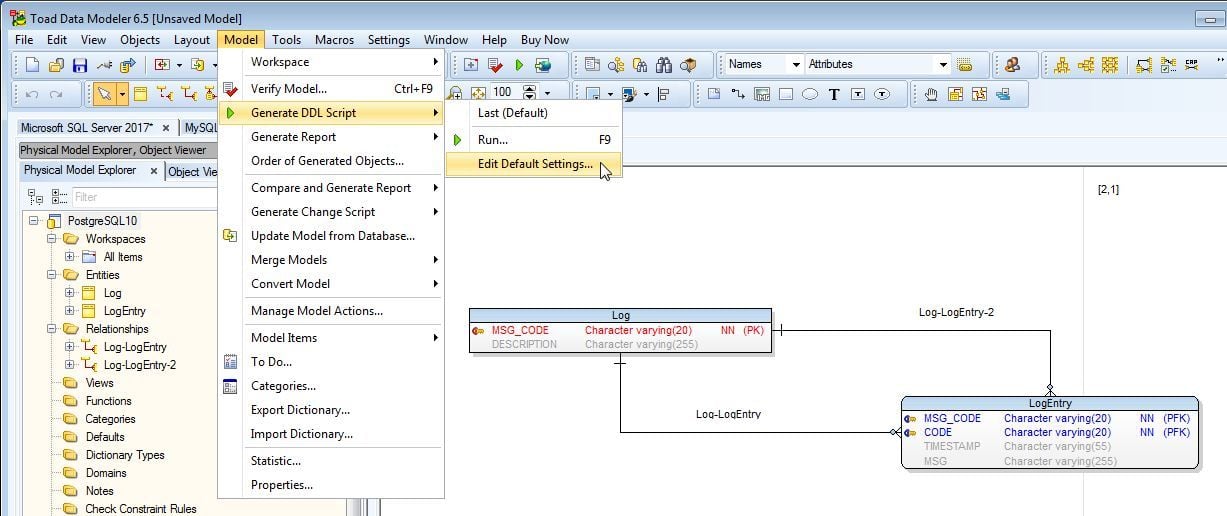 Figure 15. Model>Generate DDL Script>Edit Default Settings…