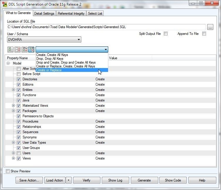 Figure 15. Selecting the Create or Replace DDL Script Generation Strategy