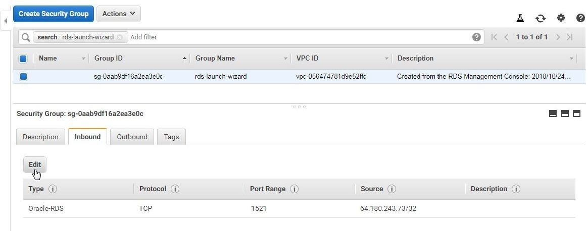 Figure 16. Clicking on Edit in the Inbound tab of the security group