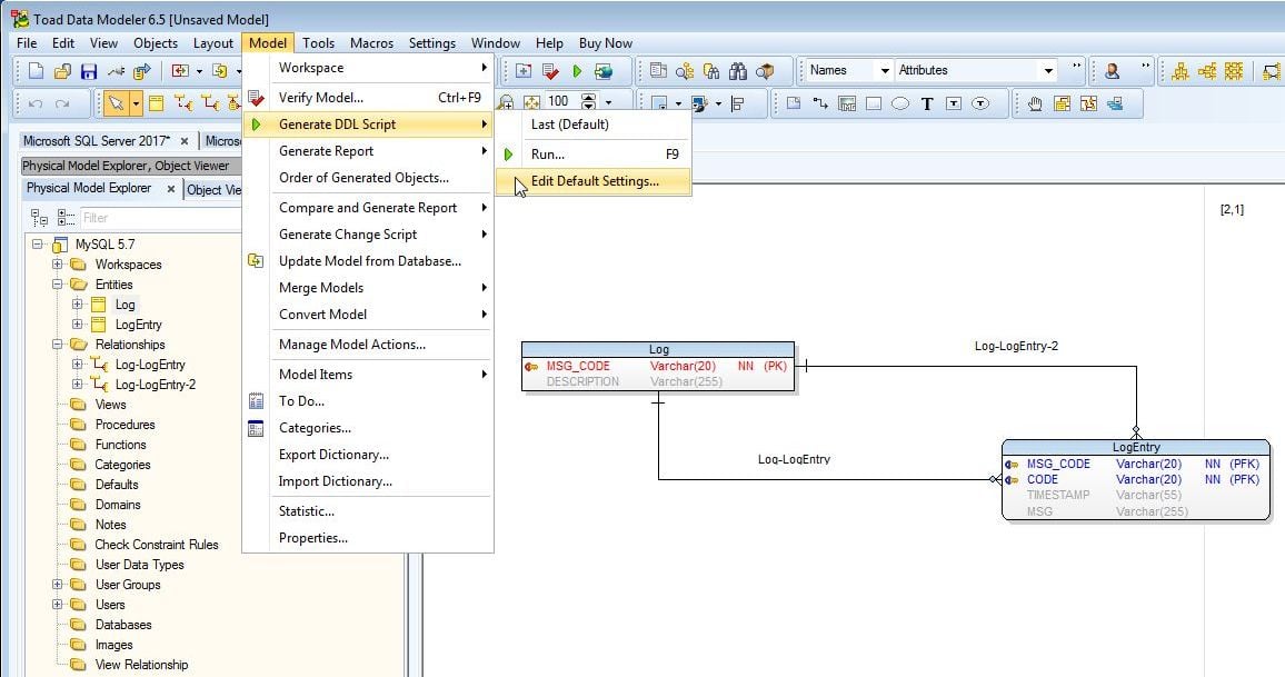 Figure 16. Model-Generate DDL Script-Edit Default Settings…