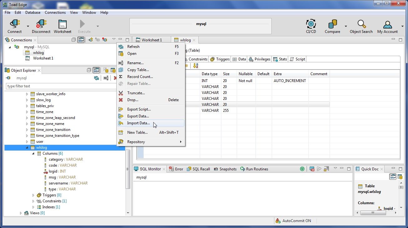 Figure 16. Right click on your choice of table and select Import Data