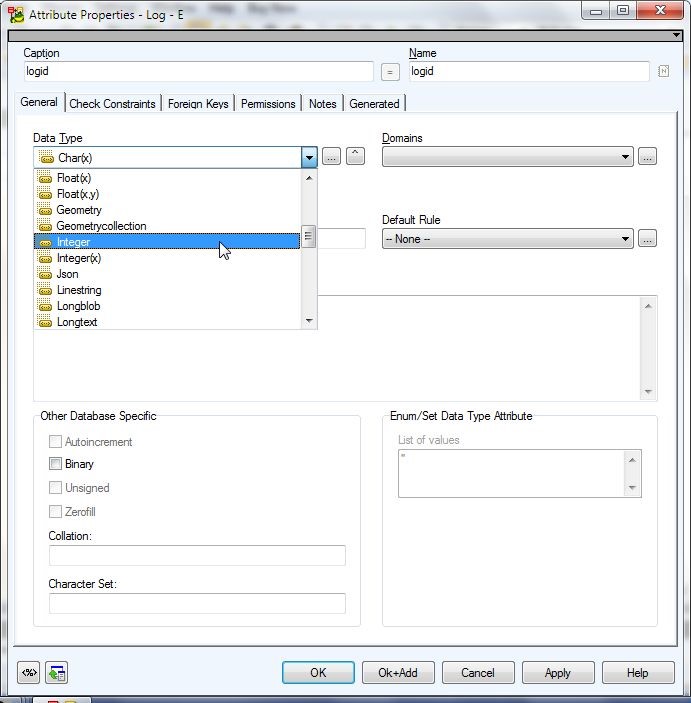 Figure 16. Setting Attribute Name and Data Type in the Attributed Properties Log window