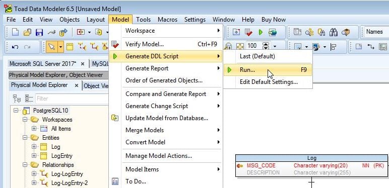 Figure 17. Model>Generate DDL Script>Run…