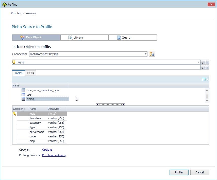 Figure 17. Selecting the wlslog table